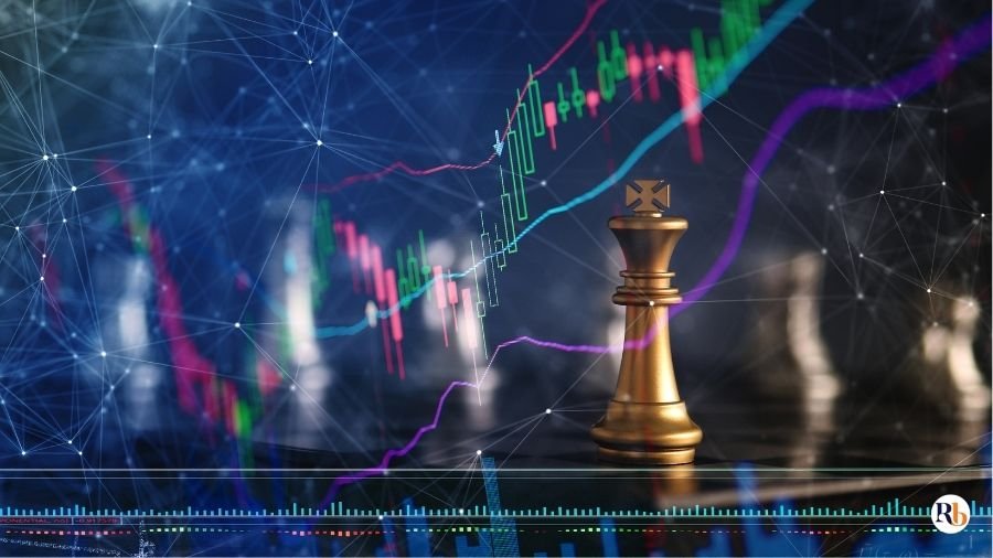 Peça de xadrez rei dourado sobreposta a um gráfico de day trade, simbolizando estratégia financeira.