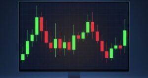 Gráfico de candlestick em tela mostrando a leitura do comportamento do preço no mercado financeiro