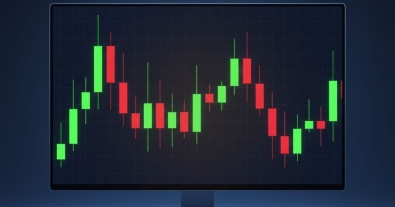 Gráfico de candlestick em tela mostrando a leitura do comportamento do preço no mercado financeiro